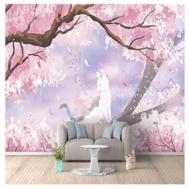 Imagem de Papel de parede 3D pintado à mão flor de cerejeira estação ilustração sala de estar quarto TV sofá fundo mural de parede (118 x 83" (300 x 210 cm), pano de seda)