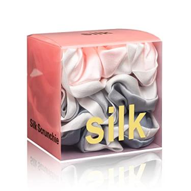 Imagem de Silmer Scrunchies de seda para cabelo cacheado 100% amoreira pacote com 3 (rosa, cinza prateado, azul névoa)