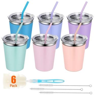 Imagem de Copos infantis Rommeka com canudos e tampas, de 355 ml com capas de silicone de 6 cores, aço inoxidável, à prova de derramamento, para bebês, crianças e adultos