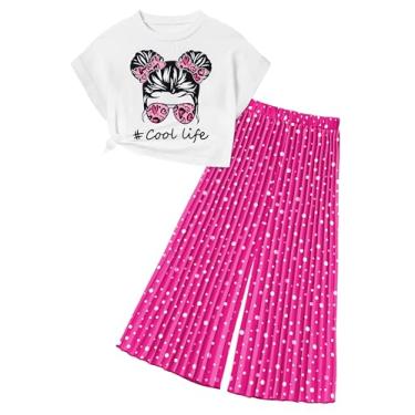 Imagem de ADIFUN Roupas para meninas, blusa cropped plissada, perna larga, 2 peças, camiseta para primavera e verão, rosa, 9-10 Anos