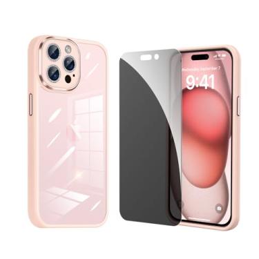 Imagem de Capa para iPhone 15 Pro Rosa Glitter Transparente com Tampa de Lente de Câmera Fixa Protetor de Tela 1X Protetor de Tela de Privacidade Vidro Temperado Silicone À Prova de Choque Fina Rosa