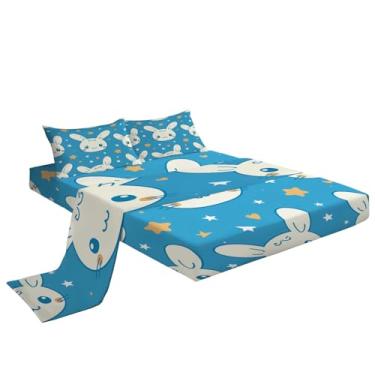Imagem de Eojctoy Jogo de lençol azul ultramacio, 4 peças, com tema de coelho e fronhas, fácil de cuidar com lençol Queen de 40,6 cm de profundidade, confortável, respirável e ajustado para casa