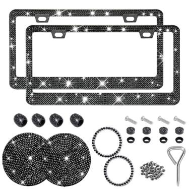 Imagem de Bling Moldura de placa de licença pacote com 2 unidades preta suporte de placa de licença de alumínio Meta Capa de placa de licença automotiva universal protetor de placa de matrícula conjunto de molduras de matrícula de carro