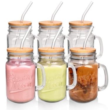 Imagem de ANOTION Copos de vidro Mason Jar - 473 ml, potes de vidro com tampas e canudos, copo de café gelado, frasco de pedreiro, garrafas de suco, copo de smoothie, canecas fofas, garrafa de leite de vidro,