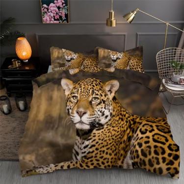 Imagem de Jogo de cama com capa de edredom com estampa de animais selvagens rainha e leopardo, 3 peças, texturizada, microfibra macia, 228,6 cm x 228,6 cm e 2 fronhas, com fecho de zíper e laços