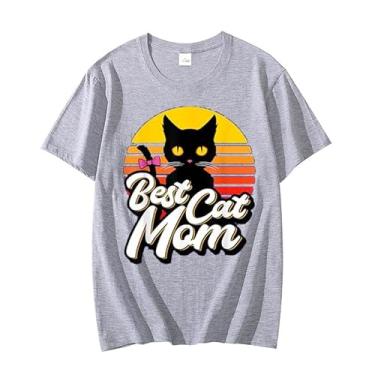 Imagem de Camiseta feminina divertida com estampa do pôr do sol da Best Cat Mom camiseta feminina casual manga curta, Cinza, P