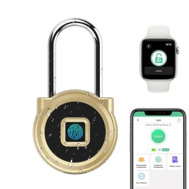 Imagem de Cadeado de impressão digital eLinkSmart longo com manilha de 45 mm, à prova de intempéries, 1000 aplicativos, combinação de usuário, locklock, para academia, cerca, jardim, armário, dourado,