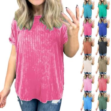 Imagem de PKDong Camisetas femininas de malha canelada manga curta gola redonda casual verão camiseta básica de ajuste solto, Caqui, P