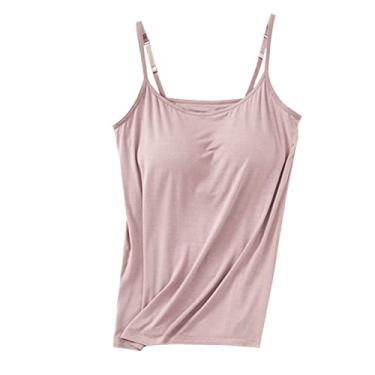 Imagem de Camiseta feminina com sutiã embutido básico de algodão sólido e alças finas ajustáveis com sutiã de prateleira, rosa, P