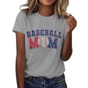 Imagem de Camiseta feminina de beisebol com letras de mãe, gola redonda, manga curta, caimento solto, casual, túnica, camisa de verão, Cinza - 1, G