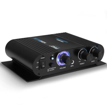 Imagem de Pyle Amplificador de áudio doméstico Bluetooth sem fio - Mini receptor de som estéreo portátil de canal duplo de 90W com seletor de alto-falante, RCA, AUX, LED, adaptador de 12 V - para smartphone PA