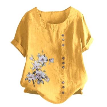 Imagem de Camiseta feminina de linho, estampa floral, manga curta, caimento solto, gola redonda, verão, túnica, Amarelo, P