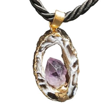 Imagem de Colar com pingente de fatia de ágata, cristal natural, pedra de ametista, geodo incrustado, colar de quartzo, chakra, feng shui, colar de riqueza, joia de meditação reiki, amuleto para amor, prosperid