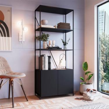 Imagem de Estante Industrial 2 Portas Sw017 Preto/Noce Oro Placa e Ponto