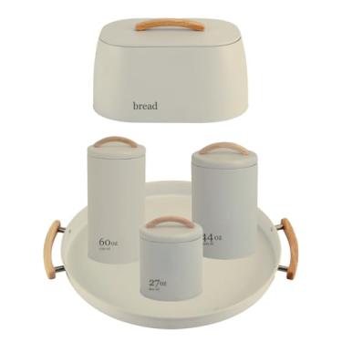 Imagem de Conjunto Mesa Posta Lata Café Açucar Biscoito Porta Pão Bandeja 5 Peças Metal E Bambu - Bege