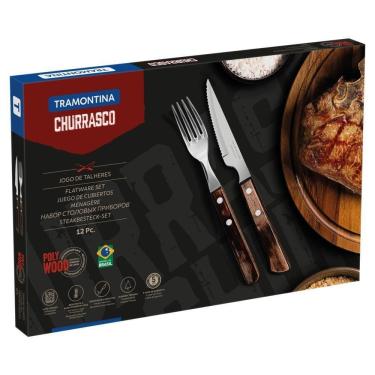 Imagem de Jogo De Talheres Para Churrasco Tramontina Em Aço Inox Com Cabo Castanho Polywood 12 Peças