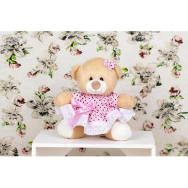 Imagem de PELUCIA URSO TEDDE 12 CM VESTIDO COM LESE (ROSA COM MARROM MIUDO)