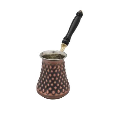Imagem de Cafeteira antiga de estilo turco mais grossa e grande, conhecida como Cezve, cafeteira turca de cobre com cabo de madeira - bordado de pirâmide artesanal em cobre de 1 mm de espessura