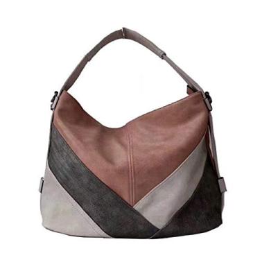 Imagem de Bolsa Hobo Feminina Clássica Colorblock Multicolorida e Bolsas de Ombro de Couro Patchwork, rosa