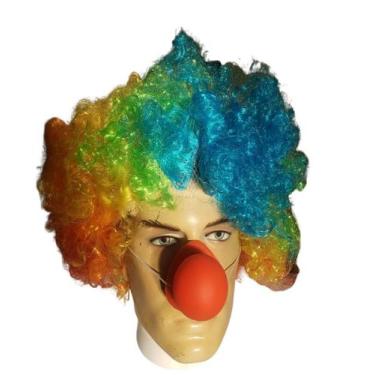 Imagem de Kit Palhaço Peruca Colorida e nariz borracha c/ som Fantasia - Lynx Pr
