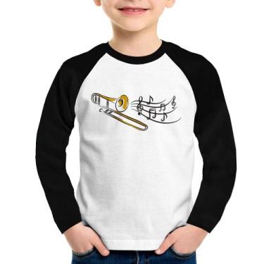 Imagem de Camiseta Raglan Infantil Trombone Notas Musicais Manga Longa - Foca na