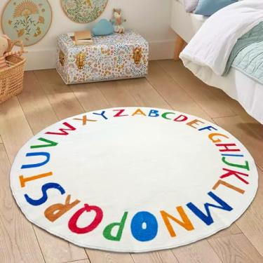 Imagem de ZCVAcom Tapete infantil ABC redondo arco-íris, 1,2 m, lavável, alfabeto, tapete de berçário, antiderrapante, macio, para crianças, crianças, quarto, leitura, decoração de recanto (multicolorido,