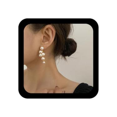 Imagem de YienDoo Brincos de gota de borla de pérola longa com várias contas candelabro de pérolas brincos pendentes de corrente de pérola de ouro brincos declaração noiva brincos de pérola joias para mulheres meninas