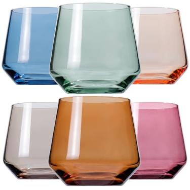 Imagem de Conjunto de 6 taças de vinho coloridas sem haste - Copos coloridos para beber e decorar, design clássico com base larga e resistente para todas as bebidas - Conjunto de copos sem haste para festas e