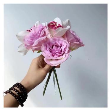 Imagem de LICONG-2020 Decoração de primavera - Buquê de simulação de dama de honra, rosas de seda, orquídeas, fúcsia, flores artificiais fúcsia, faça você mesmo, decoração de loja de festa em casa, suprimentos