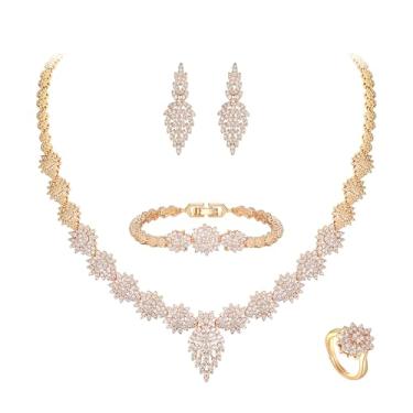 Imagem de Crysdue Lindos conjuntos de joias de zircônia cúbica para mulheres noivas, deslumbrante conjunto de anéis de pulseira de tênis com pingente de zircônia cúbica completa, Latão, Zircônia cúbica