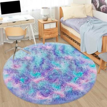 Imagem de JiaoBaba Tapete redondo tie dye arco-íris de 1,5 x 1,5 m para quarto e quarto, tapete circular peludo, felpudo circular felpudo lavável, antiderrapante, tapete de área grande, macio para sala de