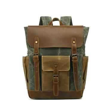 Imagem de Mochila de couro de lona encerada vintage para homens Mochila escolar Moda Mochila masculina Mochila masculina(Army Green)