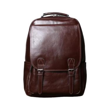 Imagem de Mochila masculina de couro de vaca fashion bolsa de computador casual bolsa de viagem adequada para laptop de 16 polegadas(Coffee)