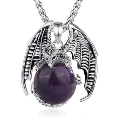 Imagem de Vito Colar de dragão de ametista para mulheres e homens, cobre banhado a prata cristal bola ametista dragão pingente sortudo proteção energia amuleto joia presente para filha filho, 56 cm + 61 cm,