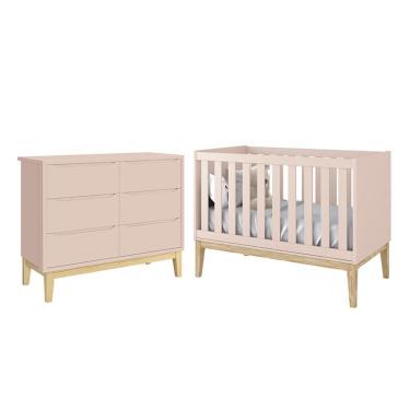 Imagem de Jogo de Quarto Infantil Classic Cômoda 6 Gavetas e Berço com Pés Madeira Natural - Reller Móveis Rosa Fosco