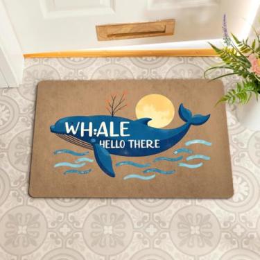 Imagem de Capacho engraçado de boas-vindas para entrada tapetes de varanda interna baleia Hello There tema oceano engraçado tapete de boas-vindas personalizado engraçado decoração de casa tapete antiderrapante