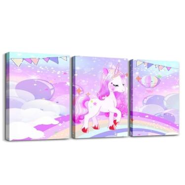 Imagem de Feelyou Pôster em tela de unicórnio arte de parede infantil meninos meninas bonito arco-íris pintura de parede para banheiro 30,5 x 40,6 cm 3 peças galáxia estrelas mágicas decoração roxa