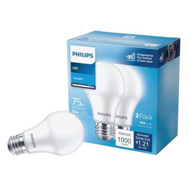 Imagem de PHILIPS Lâmpada Led Fosca A19 Regulável - Pacote Com 2 - Eyecomfort Sem Cintilação - 12,2 W = 75 W - 1100 Lúmens - Luz Do Dia (5000 K) - Base E26 - Interna - Título 20