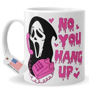 Imagem de 4GIFTSAKE Ghostface Caneca de Halloween de 325 ml - Design "No You Hang Up" | Copo de café assustador de terror para fãs e colecionadores | Adequado para decoração de Halloween e amantes de café