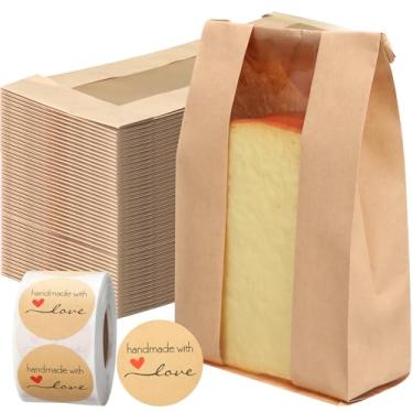 Imagem de Fullhawl 250 peças de sacos de padaria com janela e etiqueta de selos adesivos de papel marrom, pacotes de pão de arame de ferro, aba de amarrar, trava, biscoito, doces, sacos de papel kraft para