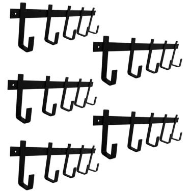 Imagem de Kit 5 Cabideiros de Parede com 5 Ganchos em Aço Preto para Pendurar Roupas Mochilas Bolsas Guarda Chuva