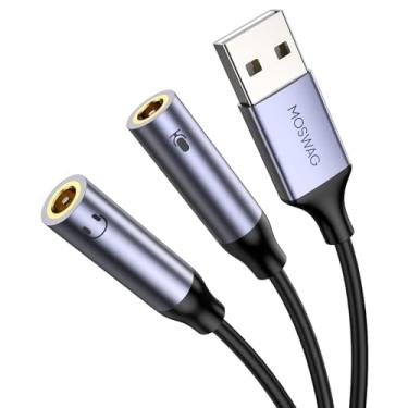 Imagem de MOSWAG Adaptador de áudio USB, placa de som externa, USB para fone de ouvido TRS de 3,5 mm + divisor de entrada de áudio para microfone compatível com Windows, laptops, desktops, Windows, Mac, Linux