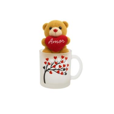 Imagem de Kit Caneca Amor Com Ursinho Pelucia Chaveiro Bege Fizzy