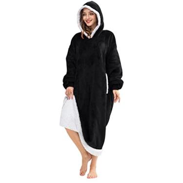 Imagem de HBlife Oversized Long Wearable Blanket Hoodie for Adult, Thick Sherpa Sweatshirt with Elastic Sleeves and Giant Pockets Super Warm and Cozy Fuzzy Plush Fleece Blanket Jacket, Black
