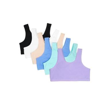 Imagem de Fruit of the Loom Sutiã esportivo elástico embutido de algodão para meninas disponível em 6 pacotes, Azul Aruba/Jacinto/Centáurea/Azul Claro/Branco/Preto, 32