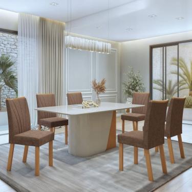 Imagem de Conjunto Luar 170cm Tampo MDF com Vidro e 6 Cadeiras Apogeu Amêndoa Clean/Off White/ Avelâ