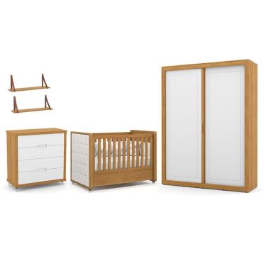 Imagem de Dormitório Tutto New 2 Portas, Cômoda 4 Gavetas e Berço com Capitonê e Prateleiras - Matic Móveis Freijó/Branco Soft