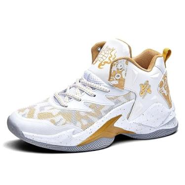 Imagem de Bolognifi Tênis de basquete masculino de cano alto com amortecimento e suporte respirável para treinamento esportivo juvenil Equipamento de basquetebol(White Gold,38 BR)