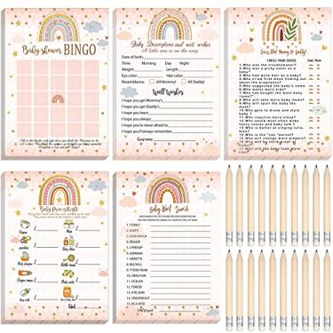 Imagem de Jogo de chá de bebê Boho Rainbow 125 cartas tema boêmio arco-íris conjunto de 5 jogos atividades de jogos de chá de bebê com 20 lápis para meninas festa meninos incluem descrições de bebê, desejos, adivinhe quem, jogo de bingo