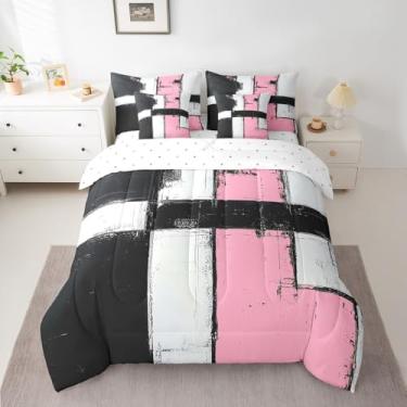 Imagem de Feelyou Conjunto de edredom com lençol de 7 peças, arte abstrata moderna, rosa, preto, branco, geométrico, minimalista, para crianças, meninos, meninas, macio